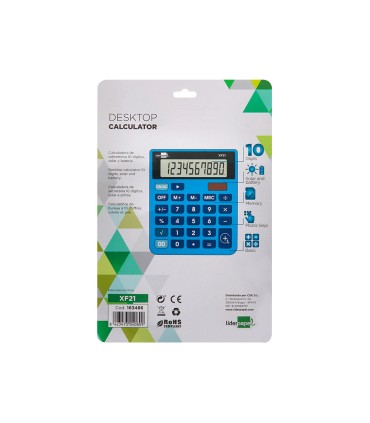 Calculadora liderpapel sobremesa xf21 10 digitos solar y pilas color azul 127x105x24 mm