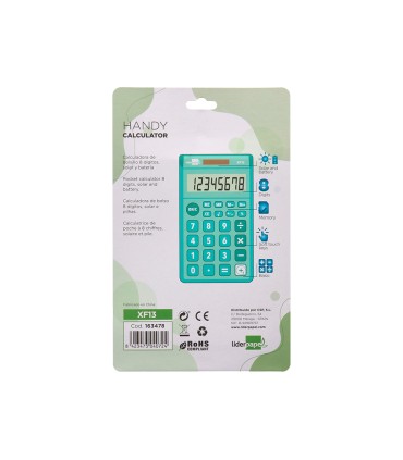 Calculadora liderpapel bolsillo xf13 8 digitos solar y pilas color verde 115x65x8 mm