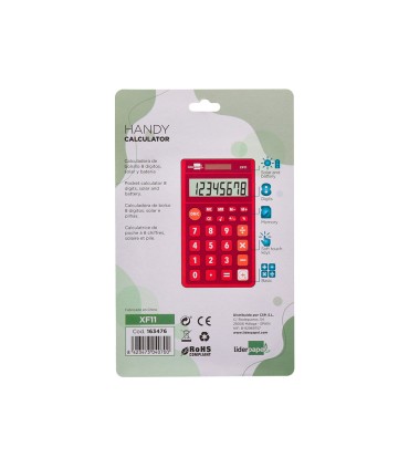 Calculadora liderpapel bolsillo xf11 8 digitos solar y pilas color rojo 115x65x8 mm