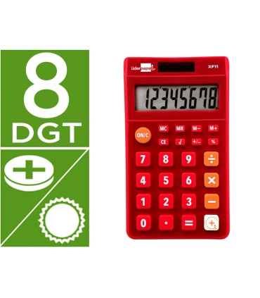 Calculadora liderpapel bolsillo xf11 8 digitos solar y pilas color rojo 115x65x8 mm