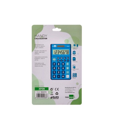 Calculadora liderpapel bolsillo xf09 8 digitos solar y pilas color azul 115x65x8 mm