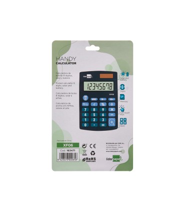 Calculadora liderpapel bolsillo xf06 8 digitos solar y pilas color azul 98x62x8 mm