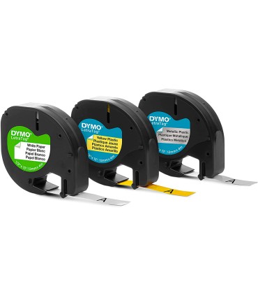 Cinta dymo metalizada letratag 12mm x 4mt papel blanco plastico amarillo metalica plata pack de 3