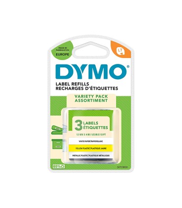 Cinta dymo metalizada letratag 12mm x 4mt papel blanco plastico amarillo metalica plata pack de 3