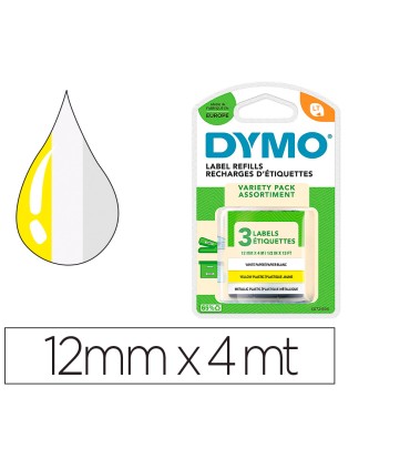 Cinta dymo metalizada letratag 12mm x 4mt papel blanco plastico amarillo metalica plata pack de 3