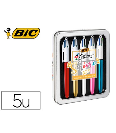 Boligrafo bic cuatro colores shine box caja metalica 5 unidades surtidas