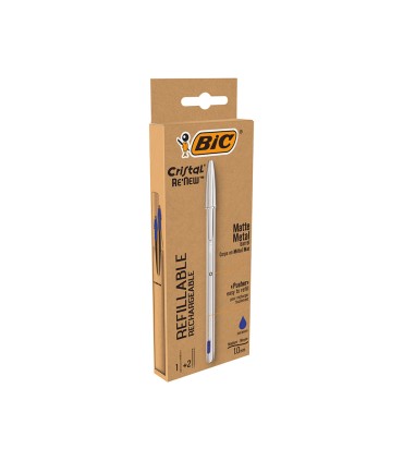 Boligrafo bic cristal renew tinta azul con cuerpo en aluminio mate mas 2 recambios en caja carton