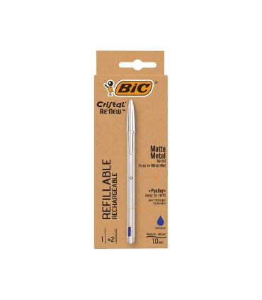 Boligrafo bic cristal renew tinta azul con cuerpo en aluminio mate mas 2 recambios en caja carton