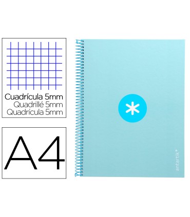 Cuaderno espiral liderpapel a4 micro antartik tapa forrada 80h 90 gr cuadro 5mm 1 banda 4 taladros celeste