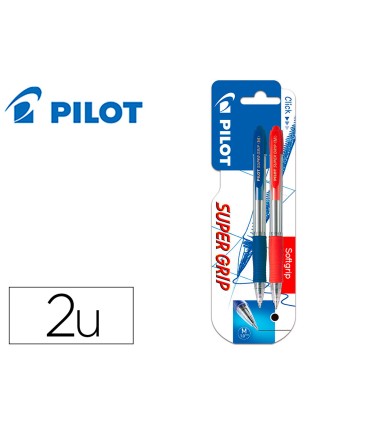 Boligrafo pilot super grip retractil sujecion de caucho tinta base de aceite en blister 1 azul 1 rojo