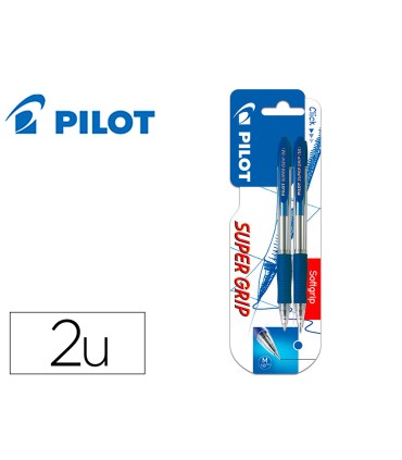 Boligrafo pilot super grip azul retractil sujecion de caucho tinta base de aceite en blister de 2 unidades