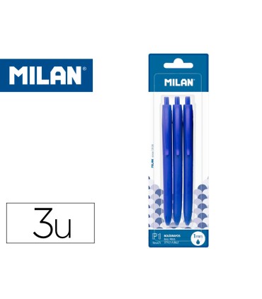 Boligrafo milan p1 retractil 1 mm touch azul blister de 3 unidades