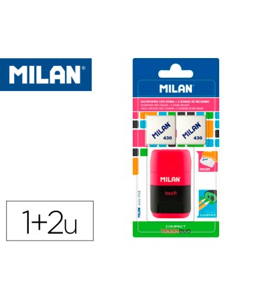 Sacapuntas milan compact touch duo plastico 2 usos con goma 2 recambios de goma en blister