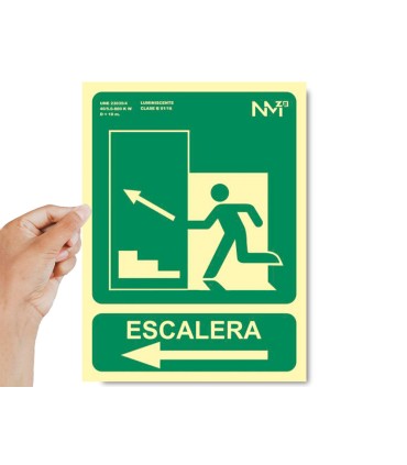 Pictograma archivo 2000 salida emergencia escalera sube izquierda pvc verde luminiscente 224x300 mm