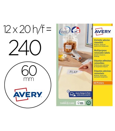 Etiqueta adhesiva avery blanca redonda removible para laser ink jet fotocopiadora 60 mm caja de 240 unidades