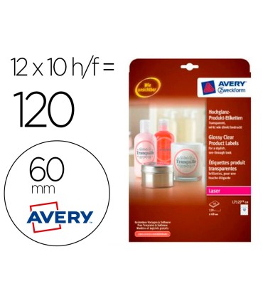 Etiqueta adhesiva avery brillante invisible redonda laser 60 mm caja de 120 unidades