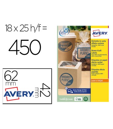 Etiqueta adhesiva avery kraft efecto carton rectangular 62x42 mm removible para laser ink jet caja de 160 unidades