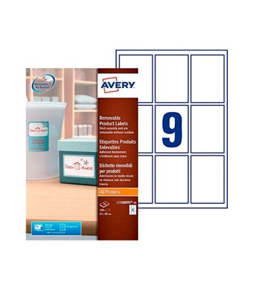 Etiqueta adhesiva avery removible para impresora laser inyeccion tinta fotocopiadora blanca 62x89 mm