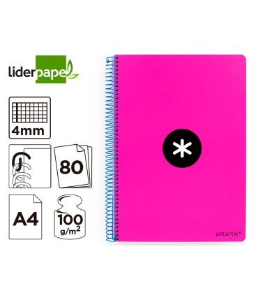 Cuaderno espiral liderpapel a4 antartik tapa dura 80h 90gr cuadro 4mm con margen color rosa fluor