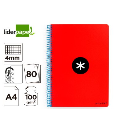 Cuaderno espiral liderpapel a4 antartik tapa dura 80h 90gr cuadro 4mm con margen color rojo