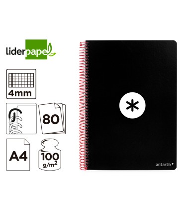 Cuaderno espiral liderpapel a4 antartik tapa dura 80h 90gr cuadro 4mm con margen color negro