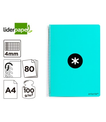 Cuaderno espiral liderpapel a4 antartik tapa dura 80h 90gr cuadro 4mm con margen color menta