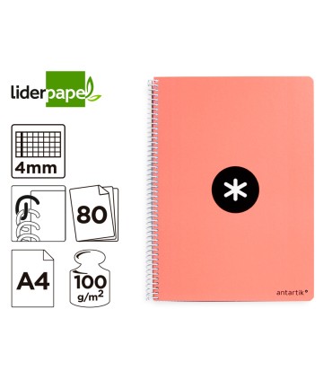 Cuaderno espiral liderpapel a4 antartik tapa dura 80h 90gr cuadro 4mm con margen color coral