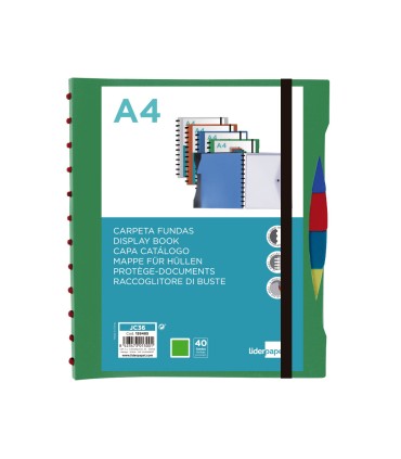 Carpeta liderpapel a4 con 40 fundas intercambiables 5 sep sobre y gomilla portada y lomo personalizable verde