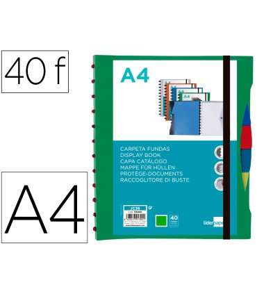 Carpeta liderpapel a4 con 40 fundas intercambiables 5 sep sobre y gomilla portada y lomo personalizable verde