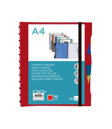 Carpeta liderpapel a4 con 40 fundas intercambiables 5 sep sobre y gomilla portada y lomo personalizable rojo