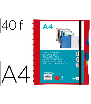 Carpeta liderpapel a4 con 40 fundas intercambiables 5 sep sobre y gomilla portada y lomo personalizable rojo