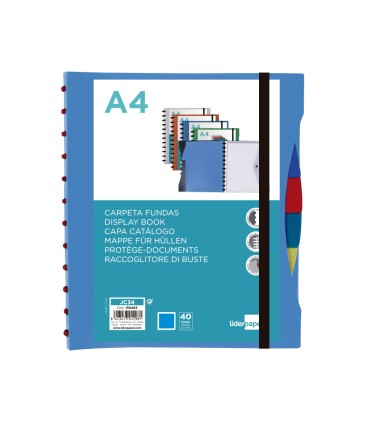 Carpeta liderpapel a4 con 40 fundas intercambiables 5 sep sobre y gomilla portada y lomo personalizable azul