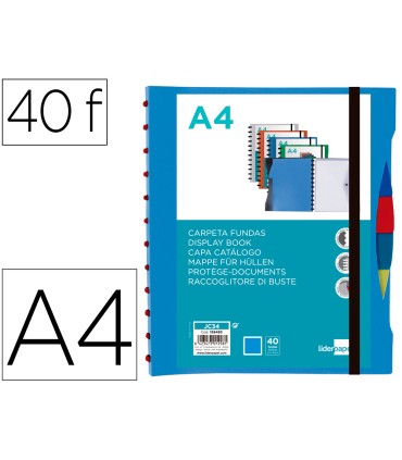 Carpeta liderpapel a4 con 40 fundas intercambiables 5 sep sobre y gomilla portada y lomo personalizable azul