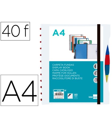 Carpeta liderpapel a4 con 40 fundas intercambiables 5 sep sobre y gomilla portada y lomopersonalizable transparente