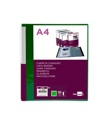 Carpeta liderpapel 80 fundas canguro pp din a4 verde translucido portada y lomo personalizable