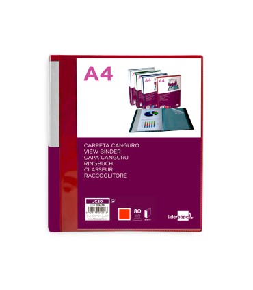 Carpeta liderpapel 80 fundas canguro pp din a4 rojo translucido portada y lomo personalizable