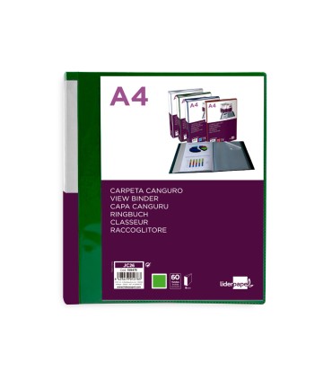 Carpeta liderpapel 60 fundas canguro pp din a4 verde translucido portada y lomo personalizable