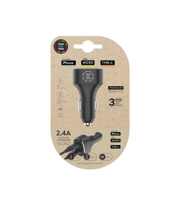 Cargador tech one tech 24 coche mechero doble para iphone usb micro type c color negro