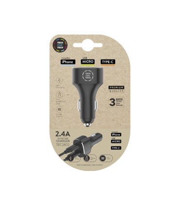 Cargador tech one tech 24 coche mechero doble para iphone usb micro type c color negro