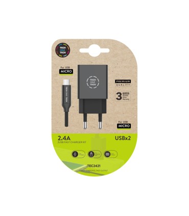 Cargador tech one tech 24 doble usb cable braided nylon micro usb android longitud 1 mt color negro