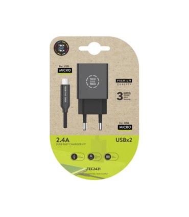 Cargador tech one tech 24 doble usb cable braided nylon micro usb android longitud 1 mt color negro