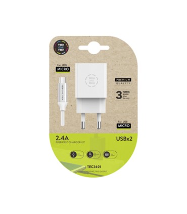 Cargador tech one tech 24 doble usb cable braided nylon micro usb android longitud 1 mt color blanco