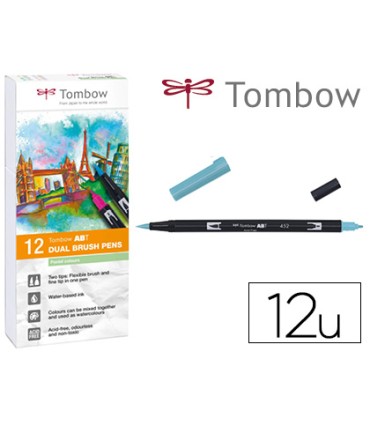 Rotulador tombow acuarelable doble punta fina pincel colores pastel estuche de 12 unidades colores surtidos