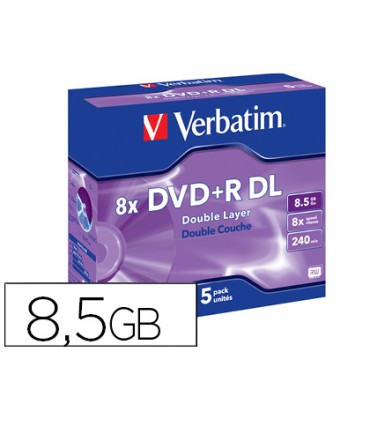 Dvdr verbatim doble capa capacidad 85gb velocidad 8x 240 min pack de 5 unidades