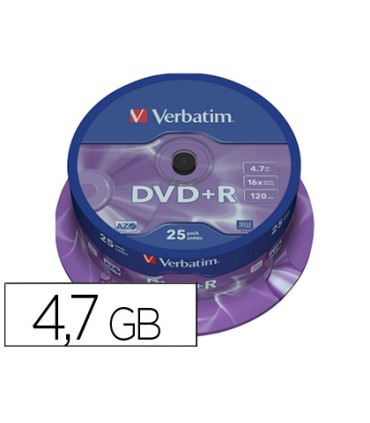 Dvdr verbatim capacidad 47gb velocidad 16x 120 min tarrina de 25 unidades