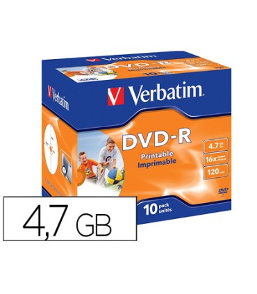 Dvd r verbatim imprimible capacidad 47gb velocidad 16x 120 min pack de 10 unidades