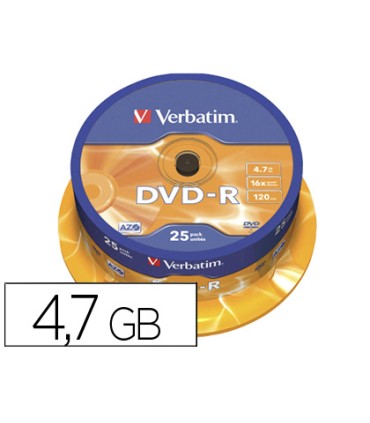 Dvd r verbatim capacidad 47gb velocidad 16x 120 min tarrina de 25 unidades