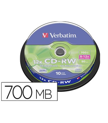 Cd rw verbatim serl capacidad 700mb velocidad 12x 80 min tarrina de 10 unidades