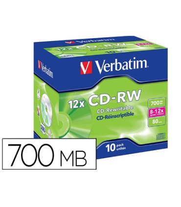 Cd rw verbatim serl capacidad 700mb velocidad 12x 80 min pack de 10 unidades