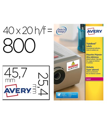 Etiqueta adhesiva avery poliester super adherente blanca 457x254 mm laser pack de 800 unidades